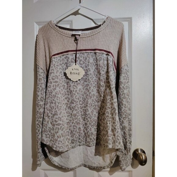 Knox Rose Mixed Media French Terry Leopard High Low Long Cinched Sleeve Top M Nw - Picture 8 of 9